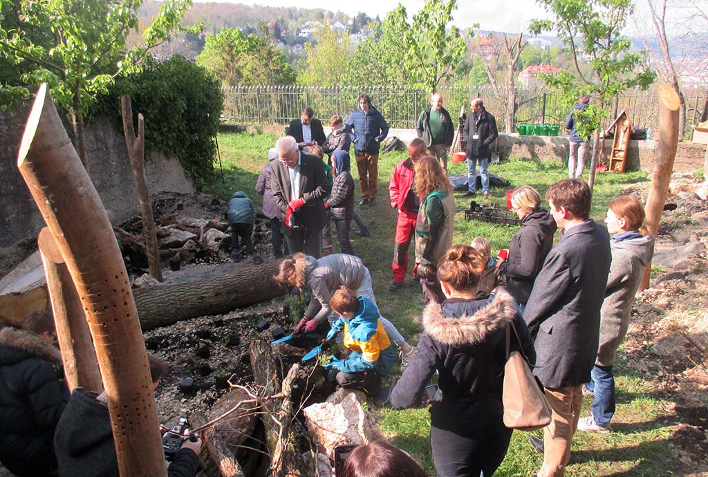 Ministerpraesident Winfried Kretschmann bepflanzt zusammen mit Kindern einen  Artenschutzbereich. Man sieht Kiesflächen, aufrechte undliegende Holzstaemme und viele Menschen (Foto: Staatsministerium)